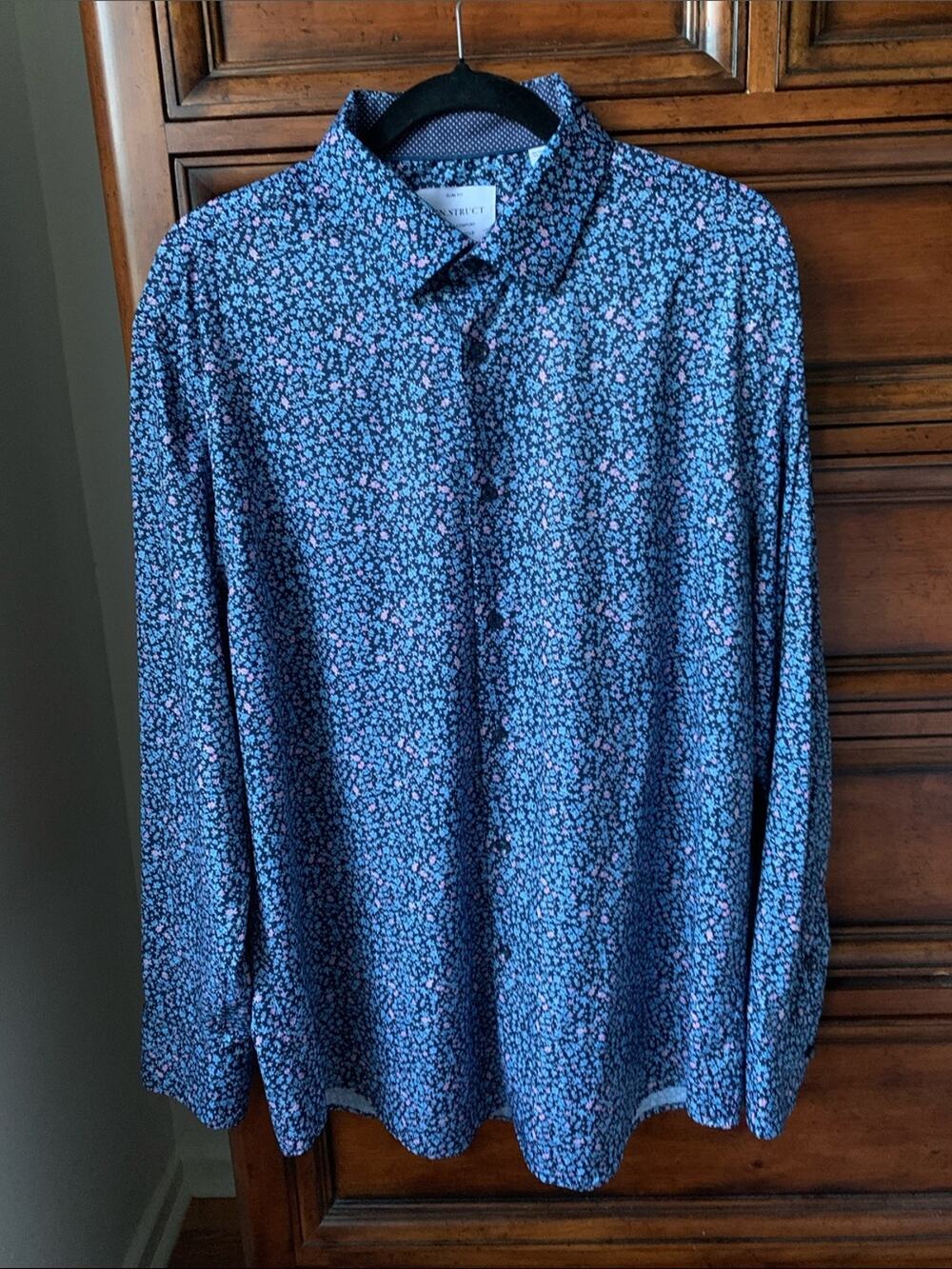 Casual Floral Button-Up Shirt - Blue with Pink Accents